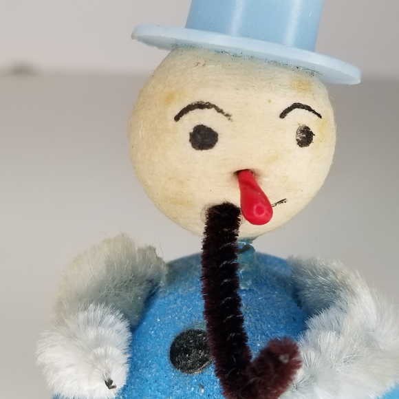 Putz Snowman Christmas Spun Cotton Mica Chenille Japan Blue Tophat Pipe VTG 2.75 - Picture 7 of 16